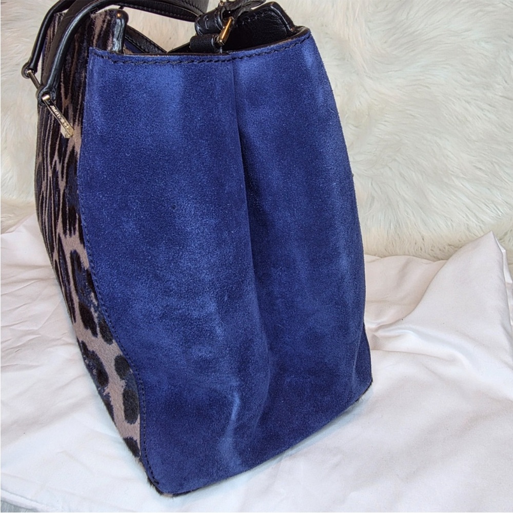 Jimmy Choo- Authentic 🍀 EUC! Alfie Blue Leopard Print Pony Hair/Suede 2 Way Bag - Picture 3 of 13